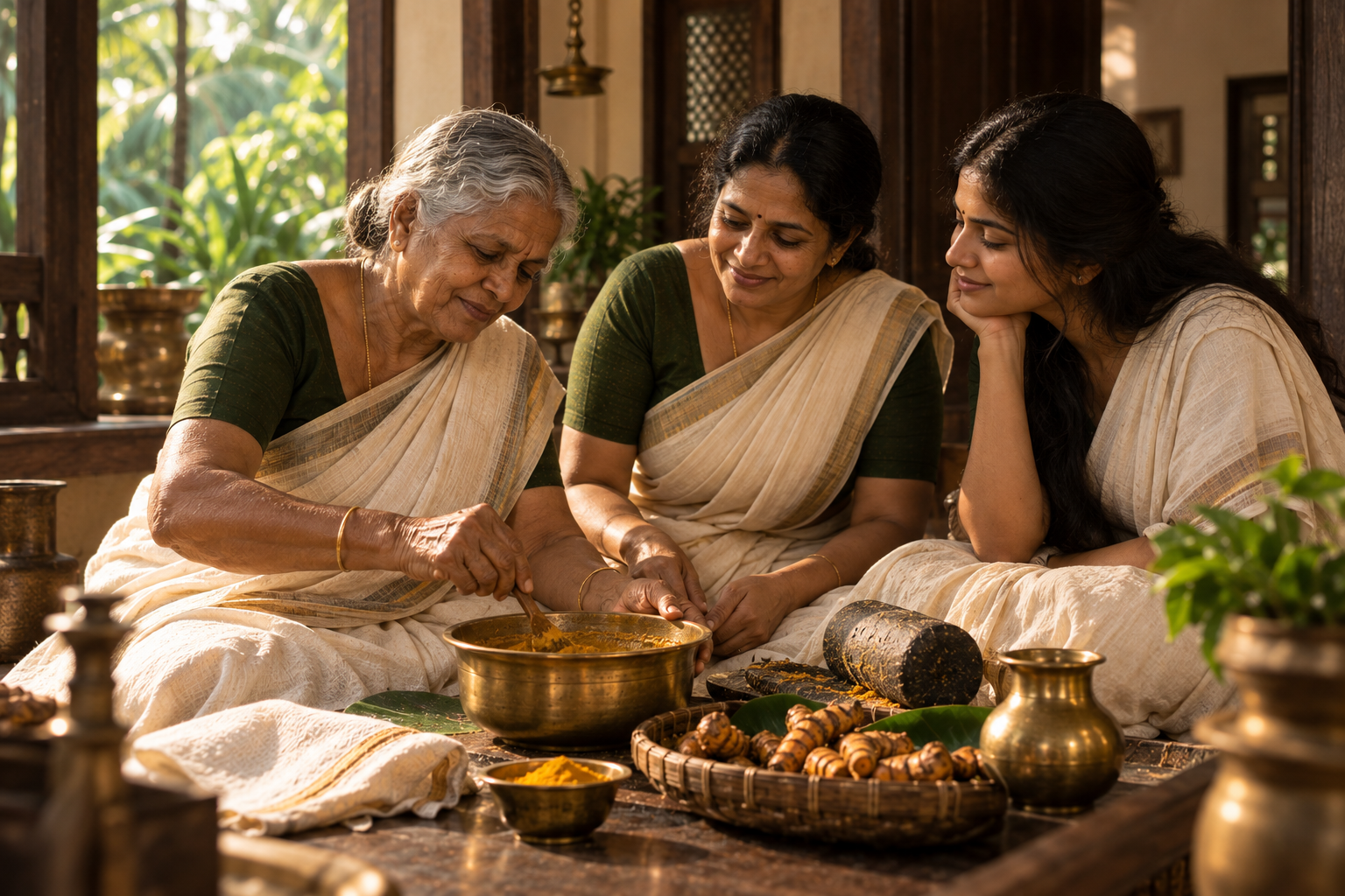 The full Kasthuri Manjal ritual laid out, bowl and brush together